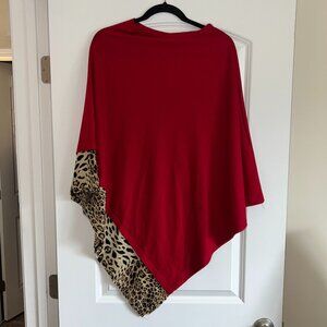 Red poncho shawl with animal print hem